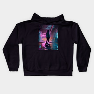 skateboard boy in a cyber neon cityscape Kids Hoodie